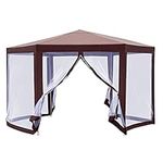 Outsunny 13' x 11' Hexagonal Garden Gazebo Patio Party Outdoor Canopy Tent Sun Shelter w/Mosquito Net Zipped Door - Brown