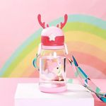 ABR mall Kids Water Bottle with Straw Water Bottle With Straw & Cartoon Design and Shoulder Strap for Students and Children, Boy, girl 600ml (Pink)