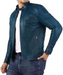 Signature Diamond Style Café Racer Lambskin Leather Jacket Men - Men's Casual Real Leather Quilted Style Motorcycle Jacket, Blue, X-Small