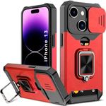 LuxuryKase Shockproof Armor Case for iPhone 13 with Slide Camera Cover | Hidden Card Slot | Rotating Ring Kickstand | Magnetic Car Mount Support | Military Grade Protection – Red