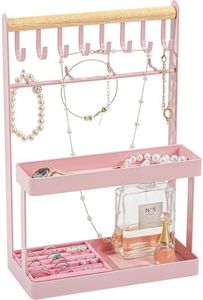 Lolalet 4-Tier Jewelry Organizer, Cute Necklace Holder Stand with 12 Hooks for Teen Girl Aesthetic Room Bedroom Decor -Pink