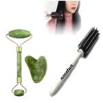 NOCXTUN Facial Massager Jade Roller & Gua Sha Tool Natural Himalayan Stone for Face Neck Healing Skin Wrinkles with Round Hair Brush Comb free-(Pack of 3)