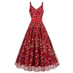 IDOPIP Embroidered Dress for Women Tulle Prom Dresses Vintage Mesh Flower Embroidery Homecoming Wedding Guest Dresses Halter Backless Formal Evening Party Cocktail Swing Gown Red S