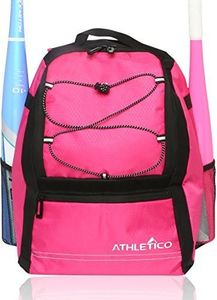 Athletico Youth Baseball Bag - Bat Backpack for Baseball, T-Ball & Softball Equipment & Gear | Holds Bat, Helmet, Glove | Fence Hook (Pink), Pink, One Size, Backpack