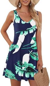 AUSELILY Women Summer Sleeveless V Neck Sundresses Pockets Cute Resort T-Shirt Print Slip Dress Print Blue X-Large