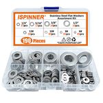 ISPINNER 190pcs 304 Stainless Steel Flat Washers Assortment Kit, 8 Sizes 1/2" 3/8" 5/16" 1/4" 12# 10# 8# 6#