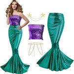 Newcotte 4 Pcs Mermaid Costume for Women Sequin Tube Top Skirt Pearl Waist and Head Chain for Halloween Cosplay (Small)