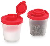 Salt and Pepper Shakers Moisture Proof Salt Shaker to go Camping Picnic Outdoors Kitchen Lunch Boxes Travel Spice Set Clear with Red Covers Plastic Airtight Spice Jar Dispenser - Medium, 2 Pack