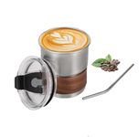 KHOLAD Reusable Stainless Steel Coffee Sipper Mugs with Lid & Straw Pack of 1, 300ml Multipurpose Drinking Cup with Wood Grip Tumbler for Juice Smoothies Iced Tea Home & Travel (Silver)