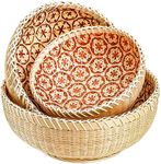 Elsjoy Set of 3 Wicker Woven Storage Basket, Bamboo Bread Basket Round Rattan Serving Basket Farmhouse Decor for Fruits, Vegetables, Potatoes, Stackable 9.6"/8"/7"