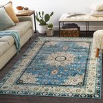 Lahome Oriental Floral Medallion Area Rug - 8x10 Soft Large Rugs for Bedroom Aesthetic Dining Room Rug, Vintage Printed Non Slip Low Pile Living Room Carpet for Family Room Foyer Den Office, Blue