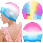 Swimming Caps for Kids, 2 PACK Elastic Silicone Swimming Hat Waterproof Swim Cap for Long Short Hair Girls Boys Kids Teens Children