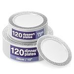 MATANA 240 Premium White Plastic Plates with Silver Lace Rim - 120 26cm Dinner Plates, 120 19cm Dessert Plates - Elegant & Reusable Party Tableware for Weddings, Birthdays, BBQ, Parties
