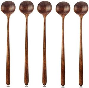 5 Piece Wood Spoons,Korean Style Wooden Soup Spoons,10.86-inch Long Handle Round Spoon Healthy Cutlery Set for Soup, Cooking Stirrer Kitchen Tool Utensils