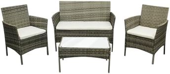 COZYBRITE Rattan Garden Furniture Sofa Set with Cover Coffee Table Chairs 4 Seater for Outdoor Patio Balcony 6210-B (Mixed Grey+Beige Cushions)