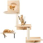 Wall Mounted Tall Scratching Post, Cat Activity Tree Tower Set: Floating Shelf, Climbing Step and Interior Bed Area, Wooden Handcrafed Cats Furniture for Sleeping Playing Lounging Perching