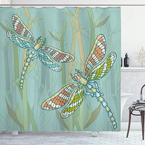 Ambesonne Dragonfly Shower Curtain, Doodle Style Giant Dragonfly on Lake Bushes Nature Exotic Picture Art, Cloth Fabric Bathroom Decor Set with Hooks, 69" W x 70" L, Green Teal