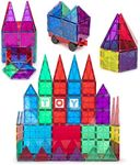 Playmags Magnet Building Tiles Set for Kids - 56 Pcs Stronger 3D Magnetic Block Set with Car - Colorful STEM Magnetic Tiles Toys - 6 Additional Clickins Included