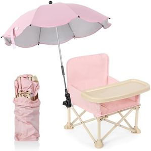 Suzile Outdoor Beach Chair with Umbrella Travel Booster Seat with Tray Compact Folding Chair Portable Booster Chair with Storage Bag, Backrest Pocket for Dining Table, Camping (Baby Pink)