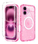 I-HONVA for iPhone 16 Plus Case Clear [Non Yellowing] [Compatible with MagSafe] Shockproof 3-Layer Full Body Protection Rugged Heavy Duty Cover Case for Apple iPhone 16 Plus 6.7",Clear Pink Glitter