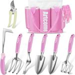 Artcome 9 PCS Garden Tool Set - Complete Garden Tool Kit with 7 Heavy Duty Garden Tools, Bag & Gloves - Uniform Pink Set - Garden Tool Set with Soft & Comfortable Grip for Women