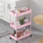 SPACELEAD Slim Storage Cart,3 Tier Bathroom Rolling Utility Cart Storage Organizer Slide Out Cart, Mobile Shelving Unit Organizer Trolley for Office Bathroom Kitchen Laundry Room Narrow Places, Pink