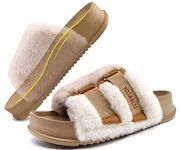 KUAILU Womens Slides Soft Cushion Faux Fur Sandals for Women Open Toe House Slipper with Arch Support Ladies Slip On Fuzzy Platform Slipper Indoor Outdoor,Beige Size 9