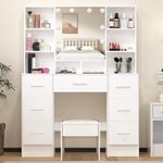 Large Dressing Table With Lighted Mirror and Stool, Vanity Makeup Table 7 Drawers and 6 Open Storage Shelves, Bedroom Makeup Desk Dresser for Women, 140 L x 40W x 140 H cm White