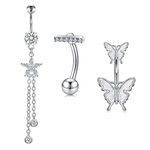 3pcs Belly Button Rings Silver 10mm Navel Bars with Dangle Butterfly Crystal Surgical Steel Piercing Jewellery