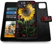 Shields Up for iPhone 14 Wallet Case, Detachable Magnetic Case Wallet with Card Holder & Strap for Girls/Women, Vegan Leather Floral Cover for iPhone 14 6.1 inch - Rose Flower/Sunflower