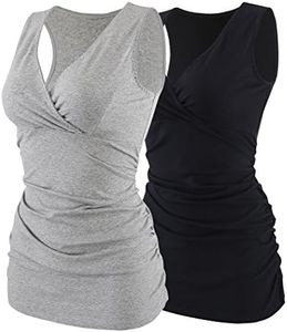 ZUMIY Nursing Maternity Top Pregnant Breastfeeding Shirt Womens Cotton V Neck Ruched Waist Double Layered Summer Tank Medium Blackgrey/2-pk