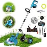 reffmov 12 Inch Electric Weed Wacker, 21V 3000mAh Battery Powered Weed Eater, Cordless Lawn Mower with 3 Types Blades & Detachable Wheels, Retractable Brush Cutter Grass Trimmer for Garden Yard Work