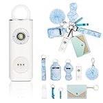 Safety Alarm Keychain for Women and Girls, Rechargeable Loud 130DB Self Defence Rope Alarm, 10 Pack Personal Safety Alarm with Flashlight, Pom Pom,Bracelet Keychains Kit,for Women Kids,Blue and White