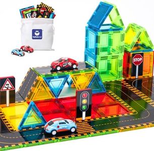 hahaland 62 Pcs Magnetic Tiles for Kids 3-5 with Road Toppers - STEM Kids Toys for 3 4 5 Year Old Boys Girls, Preschool Toys Magnetic Building Blocks STEM Toys for Kids 3-5