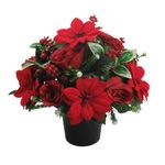 Christmas grave arrangement 25cm (10 inches) in grave pot/vase with red poinsettias and red rosebuds