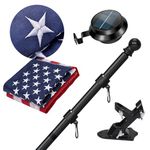 Delux American Flag with Pole and Solar Light Kit, 6 FT No Tangle Metal Pole with Holder, 13 LED Solar Powered Light, Embroidered Flag 3x5 FT, Set for 10 Hours Use for Night House Outdoor (Black)