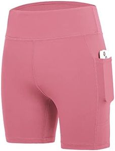 DEVOROPA Girls 5" Spandex Volleyball Shorts Stretch Youth Athletic Gymnastics Shorts Kid Yoga Dance Compression Shorts Pocket, Pink, Medium