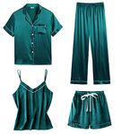 SWOMOG Womens 4pcs Pajamas Sets Short Sleeve Camisole with Button Down Shirt Pjs Silk Satin Sleepwear Loungewear Green Medium