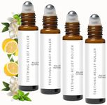 Teething Roller All Natural for Babies, Natural Gum Relief with Chamomile & Rose Oil, Gentle Massage Applicator for Soothing Infant Teething Pain, Essential Oil Massage Roller (4PCS, 10ML)