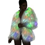 Women Vintage Winter Outwear Warm Light Up Burning Glow Fluffy Faux Fur Coat Sparking Rainbow LED Costume Jacket (White, S)