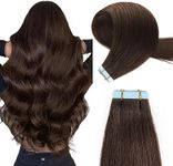 YILITE Tape in Extensions Human Hair Brown Real Hair Extensions Tape in 20 inch Salon Invisible Straight Skin Weft For Women Seamless #2 Darkest Brown 20pcs 50g/pack