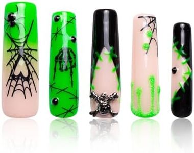 LOVFUL Press on Nails Halloween Luminous Lurker | Glow in the Dark | Handmade with Full Covered Crystals | Reusable Fake Nails | Square Mid length 1.7in | H339-M