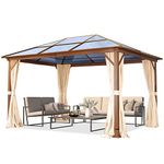 TOOLPORT Garden gazebo 3x4 m hardtop polycarbonate roof, wood finish, 4 side panels in champagne