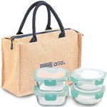 Allo Food Safe Glass Lunch Box with Breakfree Detachable Lock, Microwave Safe Lunch Box Borosilicate Glass Tiffin for Office with Jute Tiffin Bag, Set of 4, 310ml x 2 & 390ml x 2, Beige