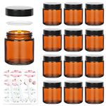 4 oz Amber Glass Jars with Lids,12 Pack Empty Cosmetic Containers with Inner Liners and Black Lids,Refillable Round Cream Jars for Lotion