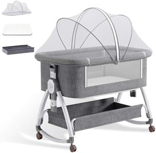 TFMODBFA Baby Cot Bed Bassinet with Mattress, Baby Crib with Mosquito Net, 3-in-1 Bedside Co-Sleeper with 6-Level Height Adjustable, 360° Wheels & Storage Basket, for 0-18 Months Babies (Grey)