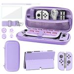 FANPL Case bundle for Nintendo Switch OLED Accessories, Carrying Case for Switch OLED and Joy Con Controller with Hard Flip Protective Case and Screen protector, 4 Thumb Grips, Shoulder Strap (Purple)