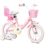 Glerc Maggie 16 Inch Girls Bike Ages 4 5 6 7 Years Old Kids Bicycle Princess Style with Doll-Seat & Basket & Training Wheels & Bell for Birthday, Pink & White