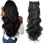 Clip in Hair Extensions Long 22inch Curly Full Head Synthetic Clip on Hair Extension #1B Natural Black 180 Gram Thick Double Weft Hair Extensions Wavy Hairpieces for Women