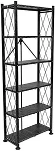 Origami 6 Tier Classic Stamped Metal Storage Shelves for Books, Decor, Vinyl Records, and Garage Organization and Storage, Black